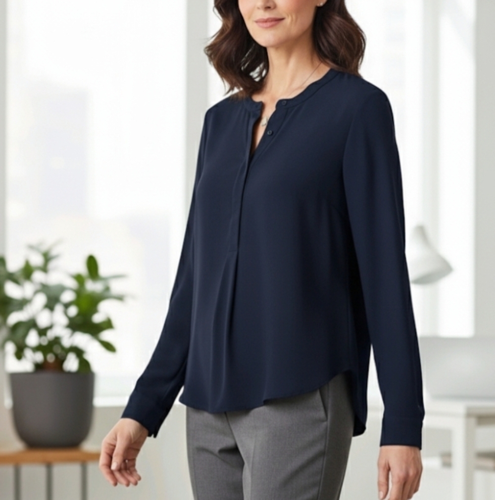 Ann Taylor Chiffon And Jersey Half Button Down Blouse Top Black Size XS